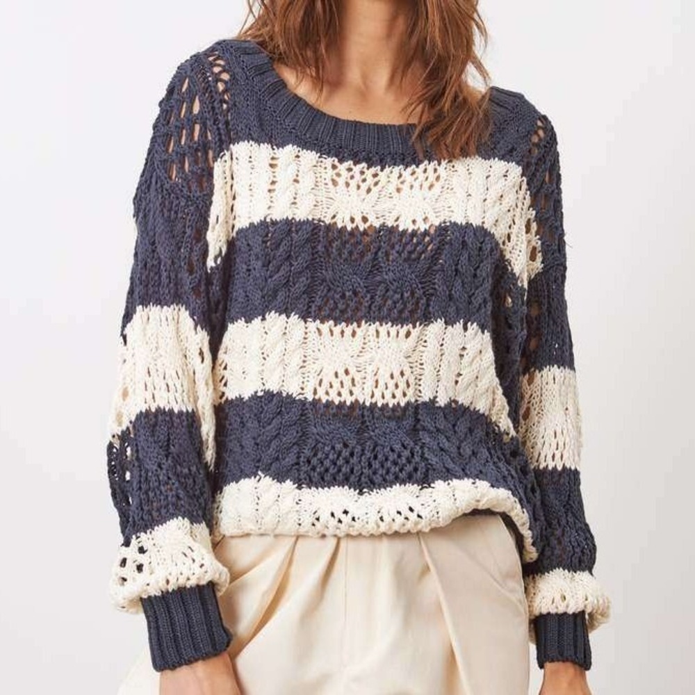 John + Jenn Wes Sweater Womens M Blue Ivory Striped Chunky Open‎ Knit Coastal